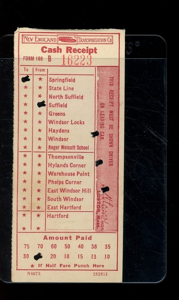 1936 New England Transportation Company Bus Ticket- Springfield to Suffield