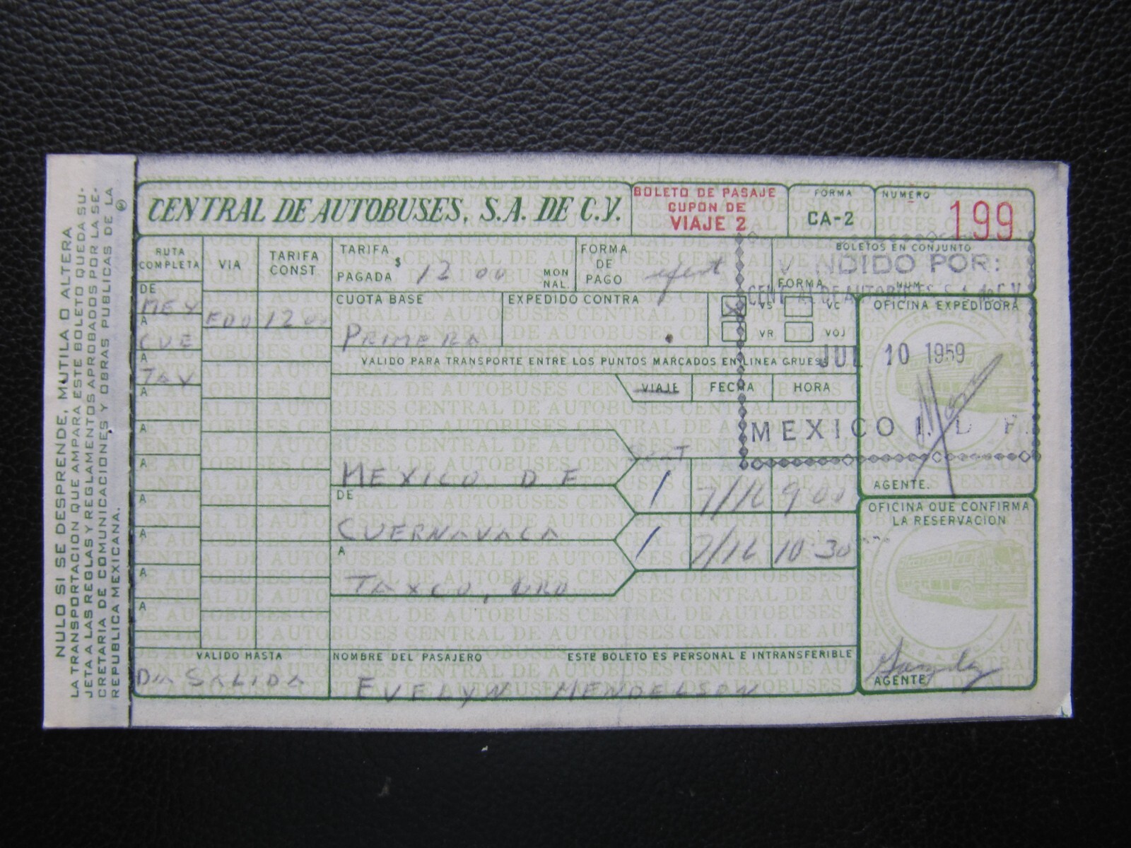 CENTRAL DE AUTOBUSES Mexican bus ticket 10/7/1959 From mexico City to Cuernavaca