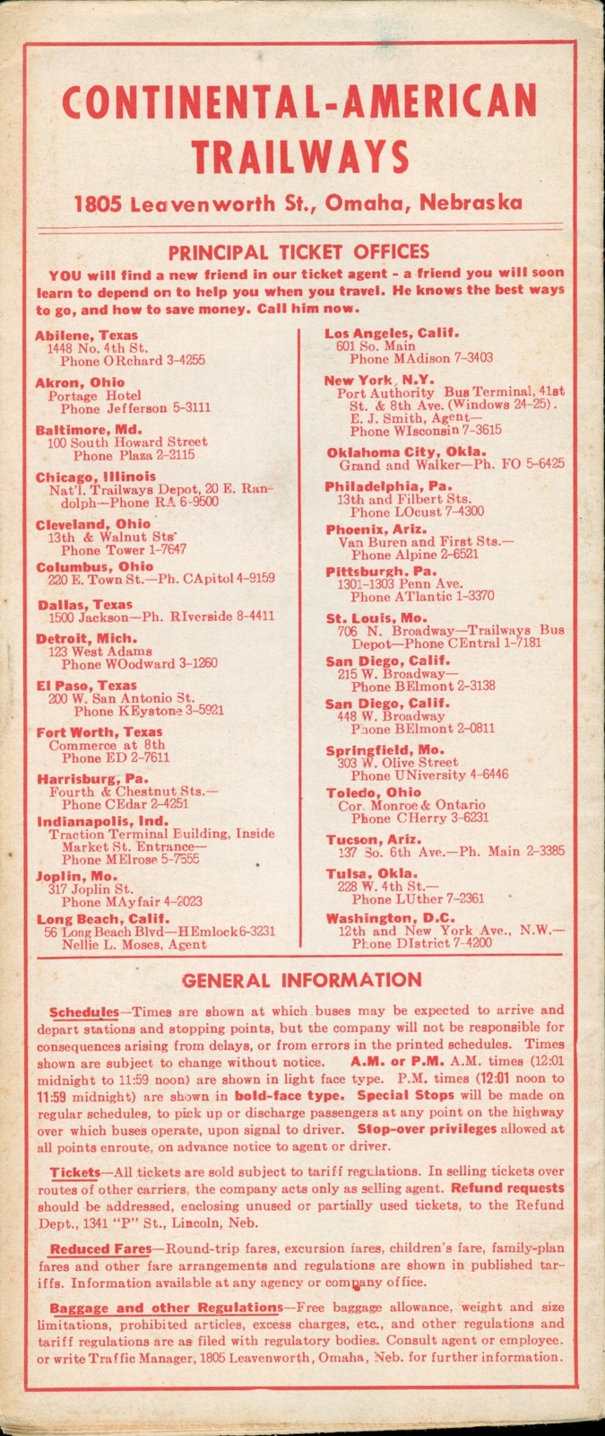 1960 Continental Trailways Bus Lines Timetable New York Los Angeles Gold Nugget