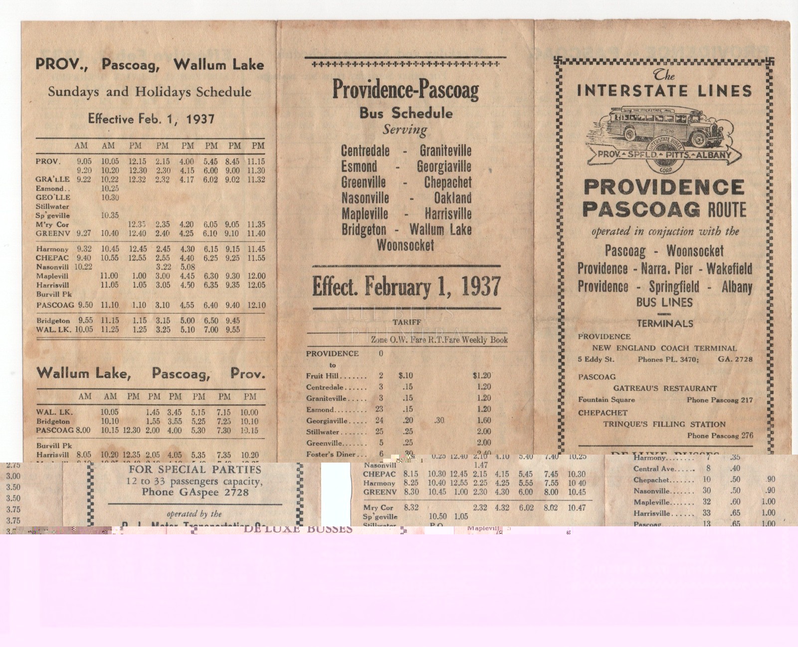 The Interstate Lines Providence Pascoag Route Tri-Fold Timetable 1937