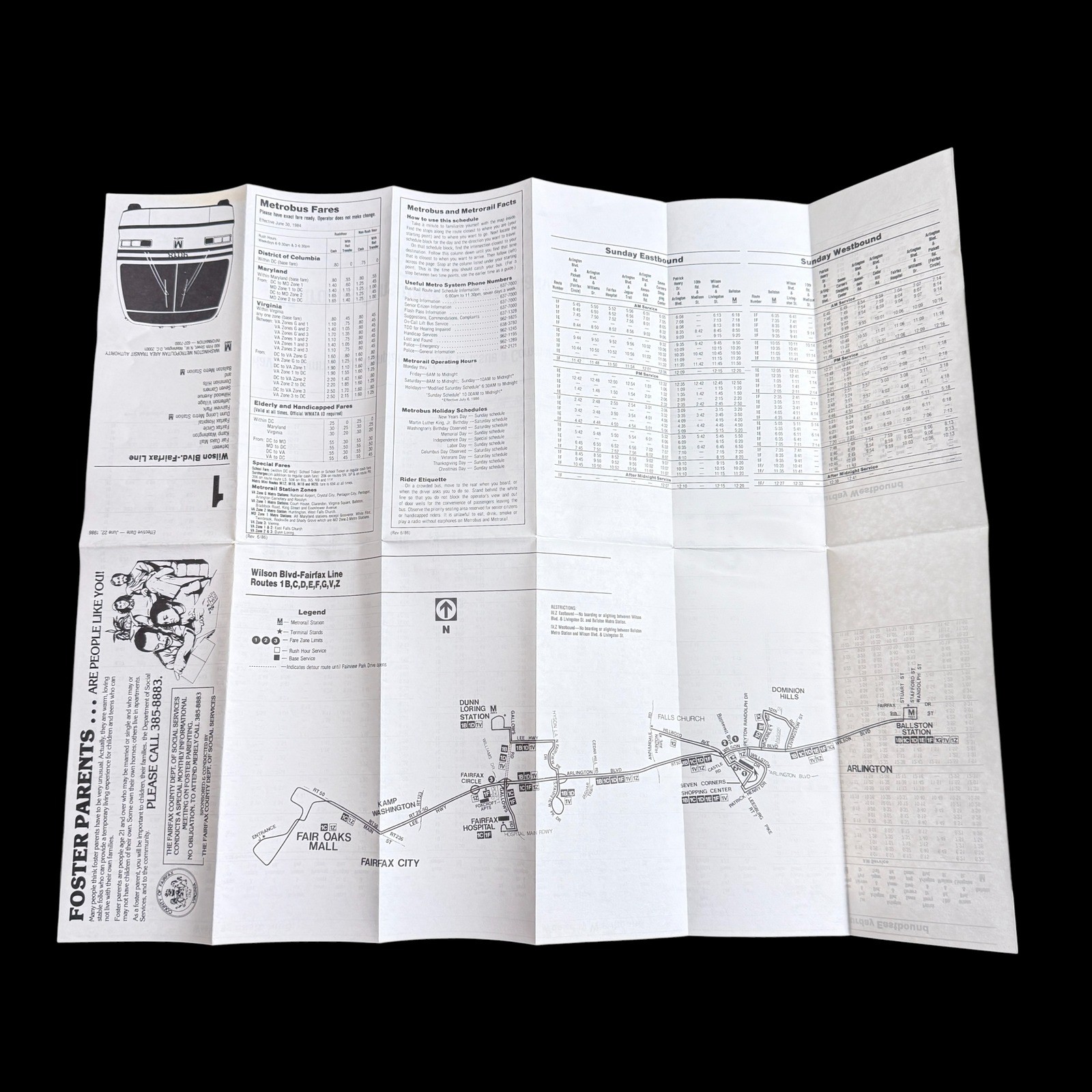 WMATA Metrobus Schedule 1986 Wilson Blvd Fairfax Line Route 1 Map 1980s