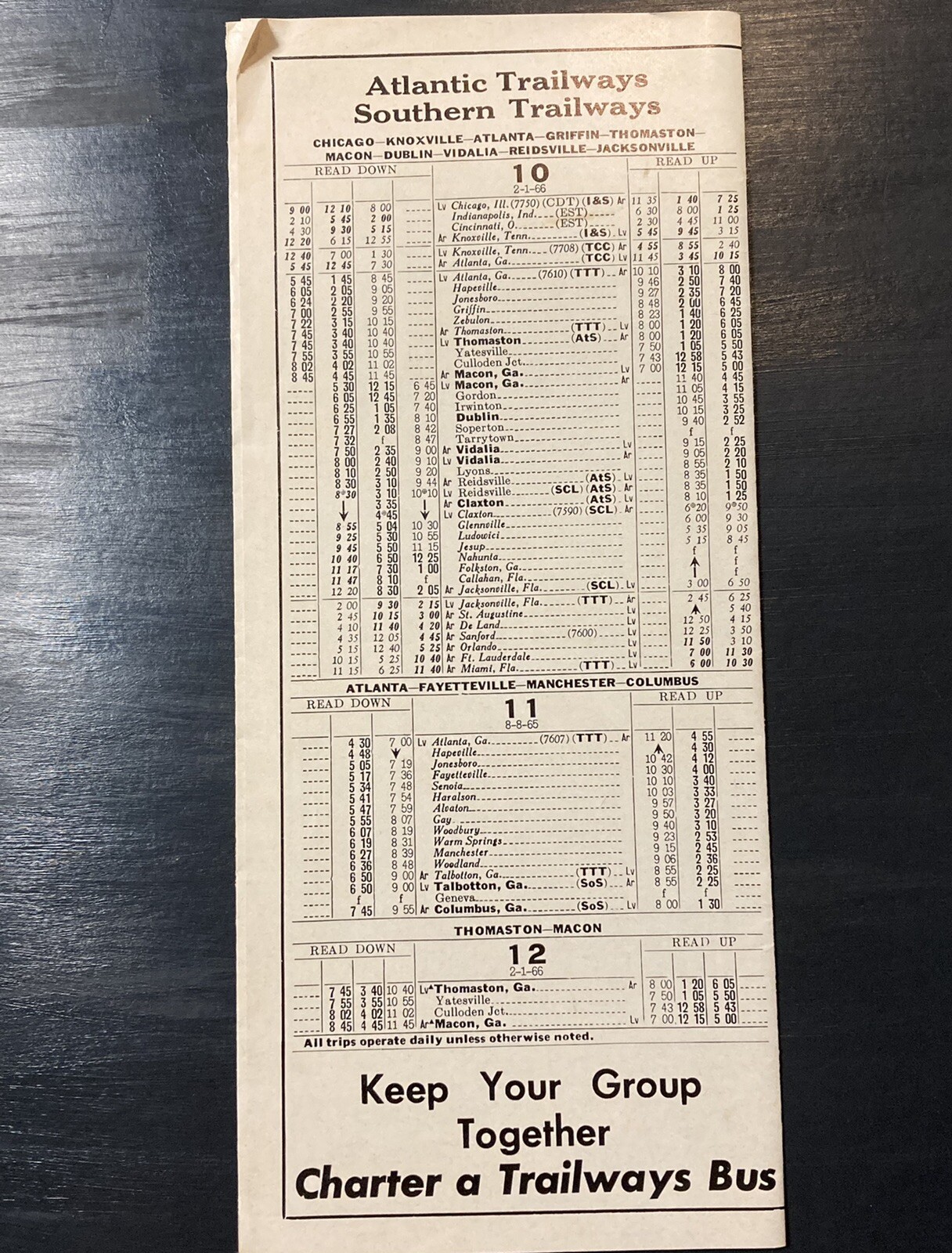 1966 Trailways Bus Time Tables Atlantic Trailways & Southern Trailways Pamphlet