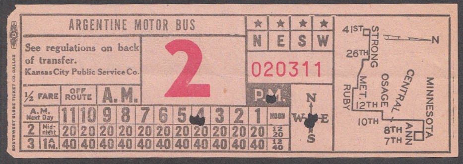 Kansas City KS Public Service Argentine Motor Bus transfer ca 1940s