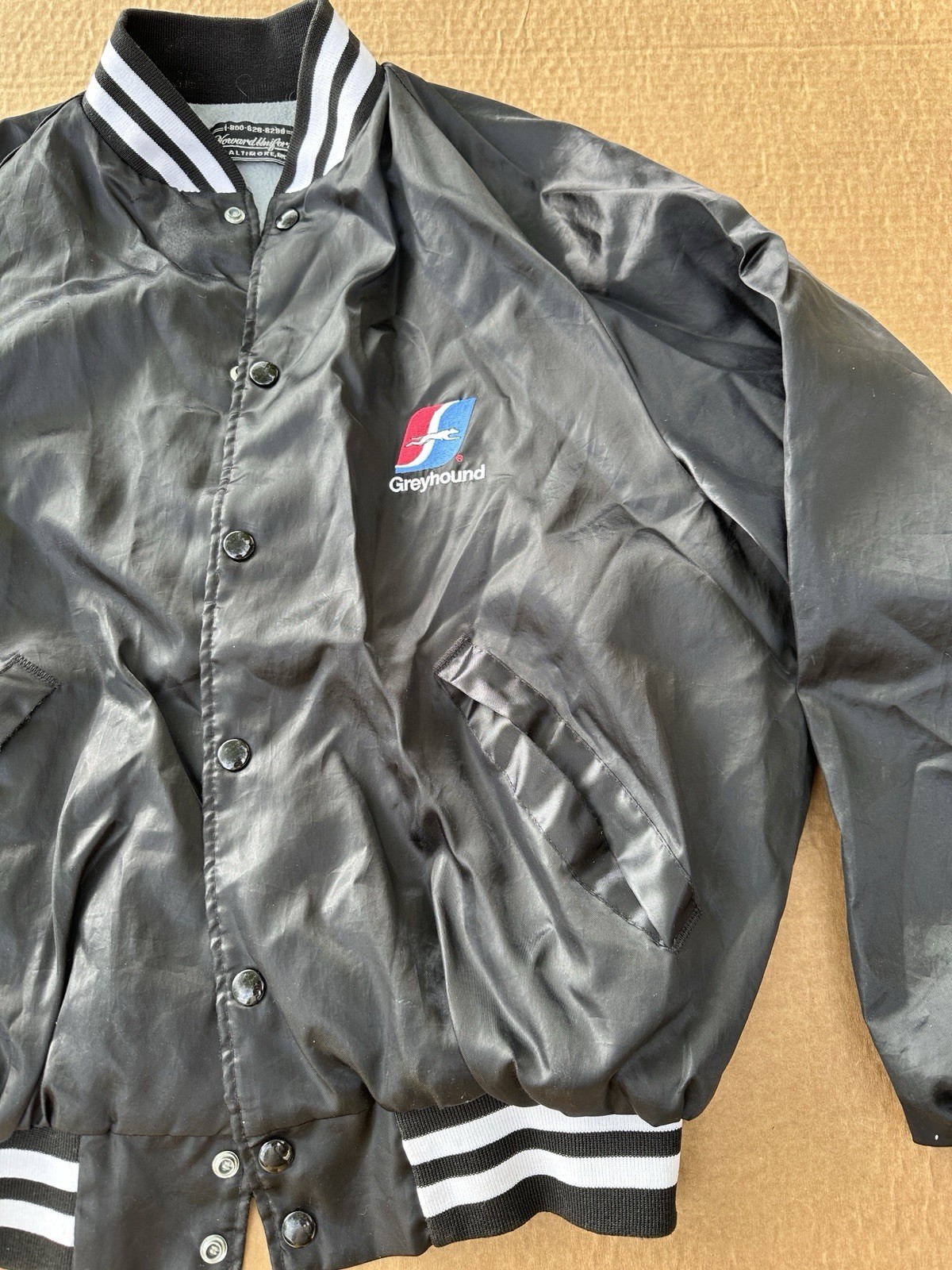RARE Vintage Greyhound Satin Jacket Black Embroidered Coach Bus Graphic Size MED