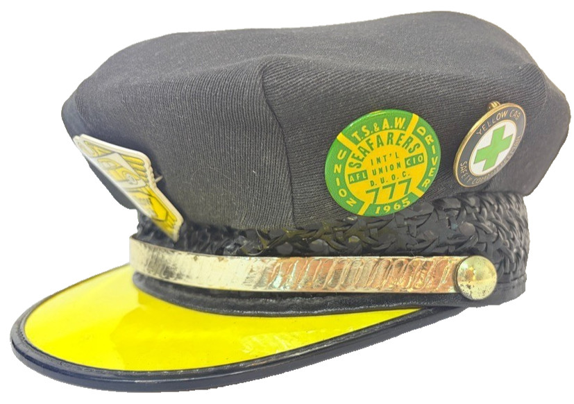 Vintage 1965 Yellow Cab Taxi Driver Chauffeur Hat Union Safety Pins Size 7 1/8