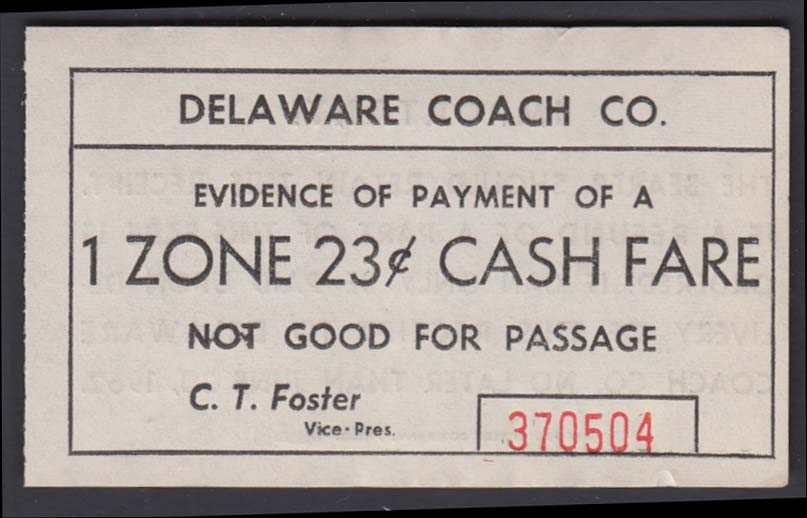Delaware Coach Company 1 Zone 23¢ Cash Fare Receipt 1962 Wilmington