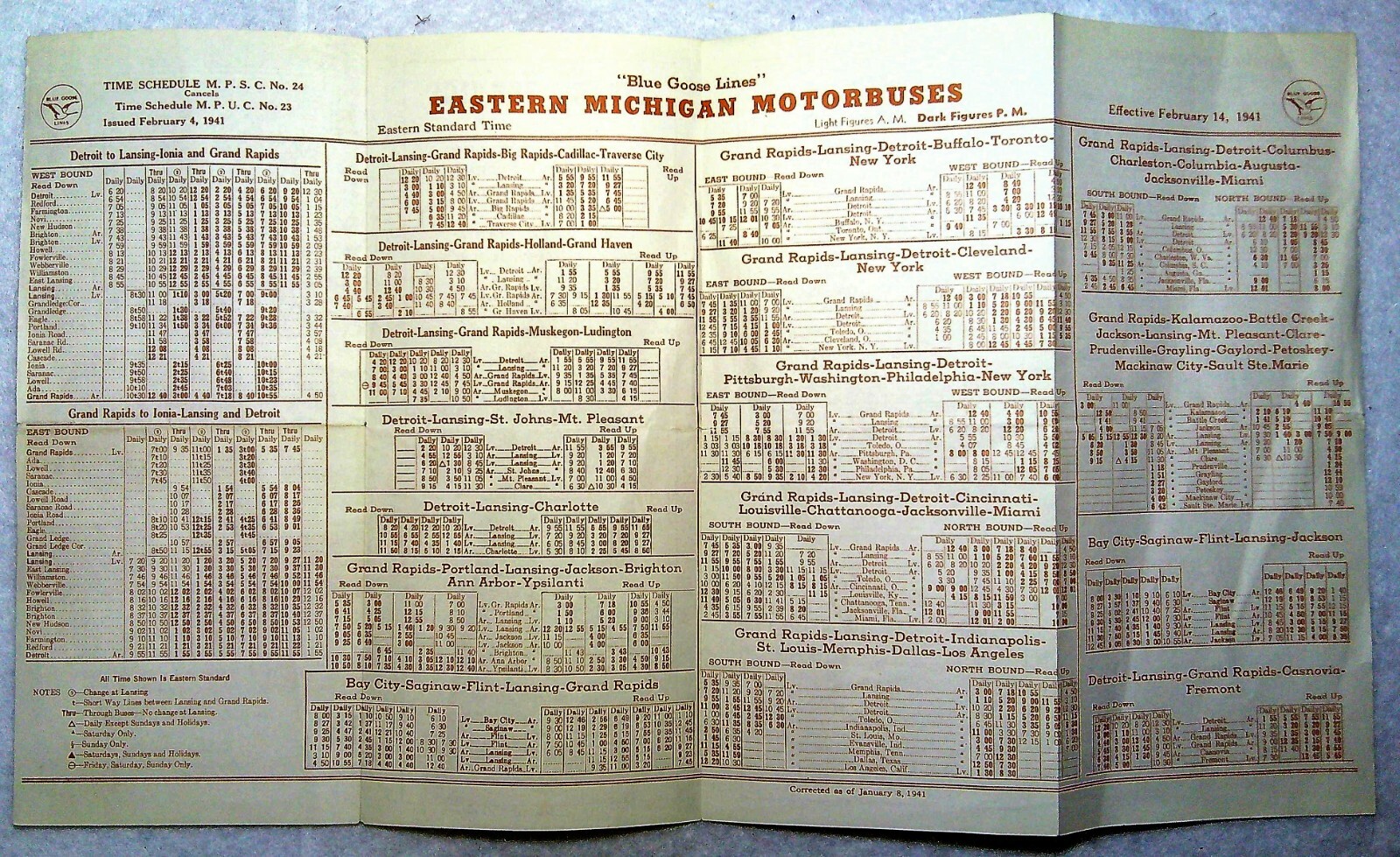 Blue Goose Lines Time Table Detroit-Lansing Grand Rapids Division 1941