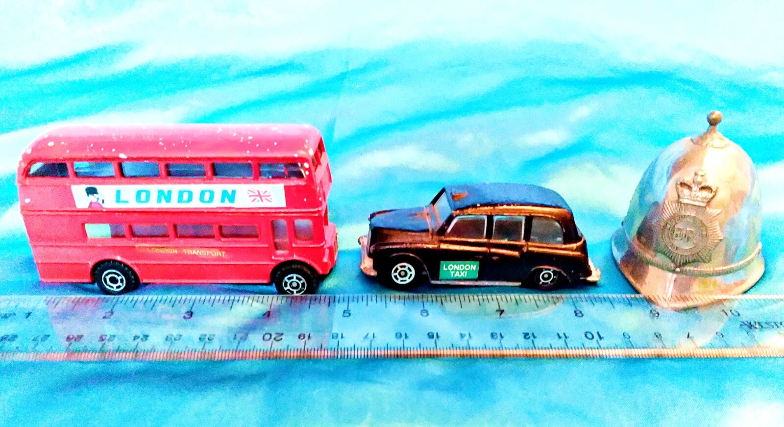 Set of 3 – 1980s London Double Bus & Taxi Die Cast w. Metal Police Cap Bell