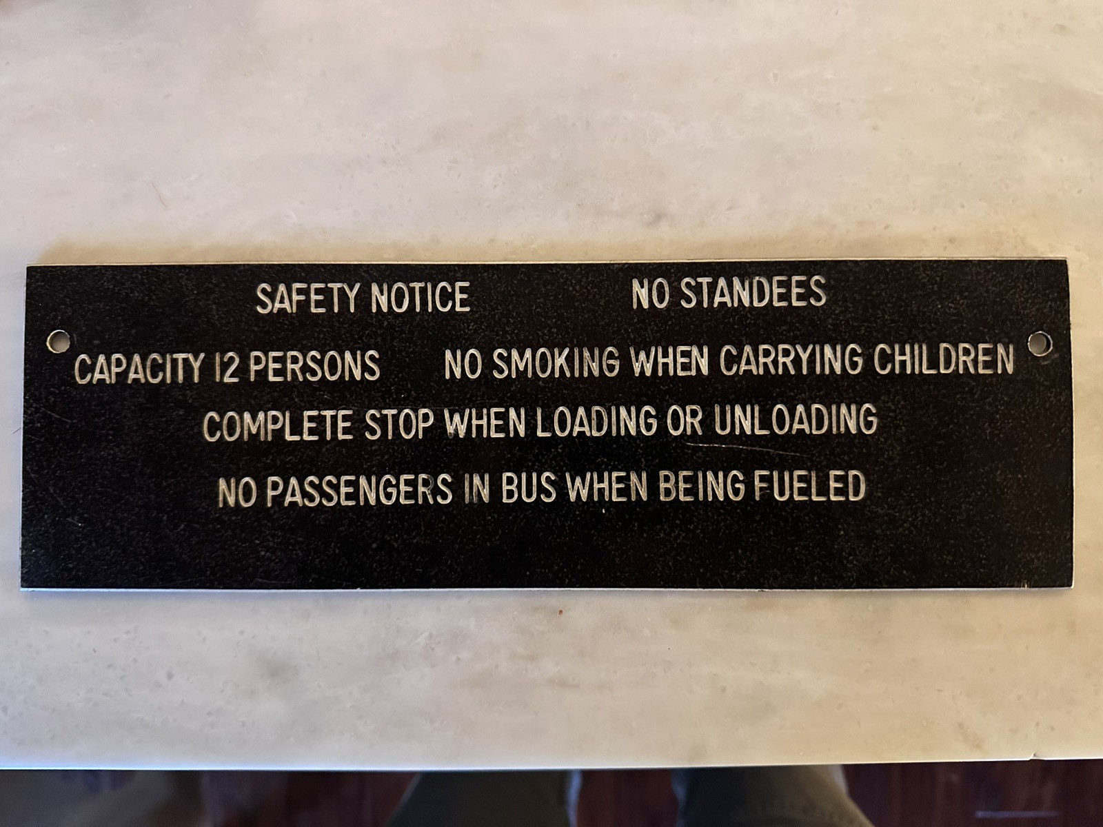 Vintage Engraved Bus Rules Sign, Black with White Lettering, (Plastic/Bakelite)