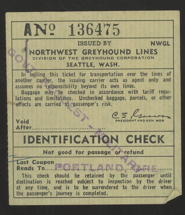 1951 Northwest Greyhound Lines Baggage Ticket Portland, Oregon