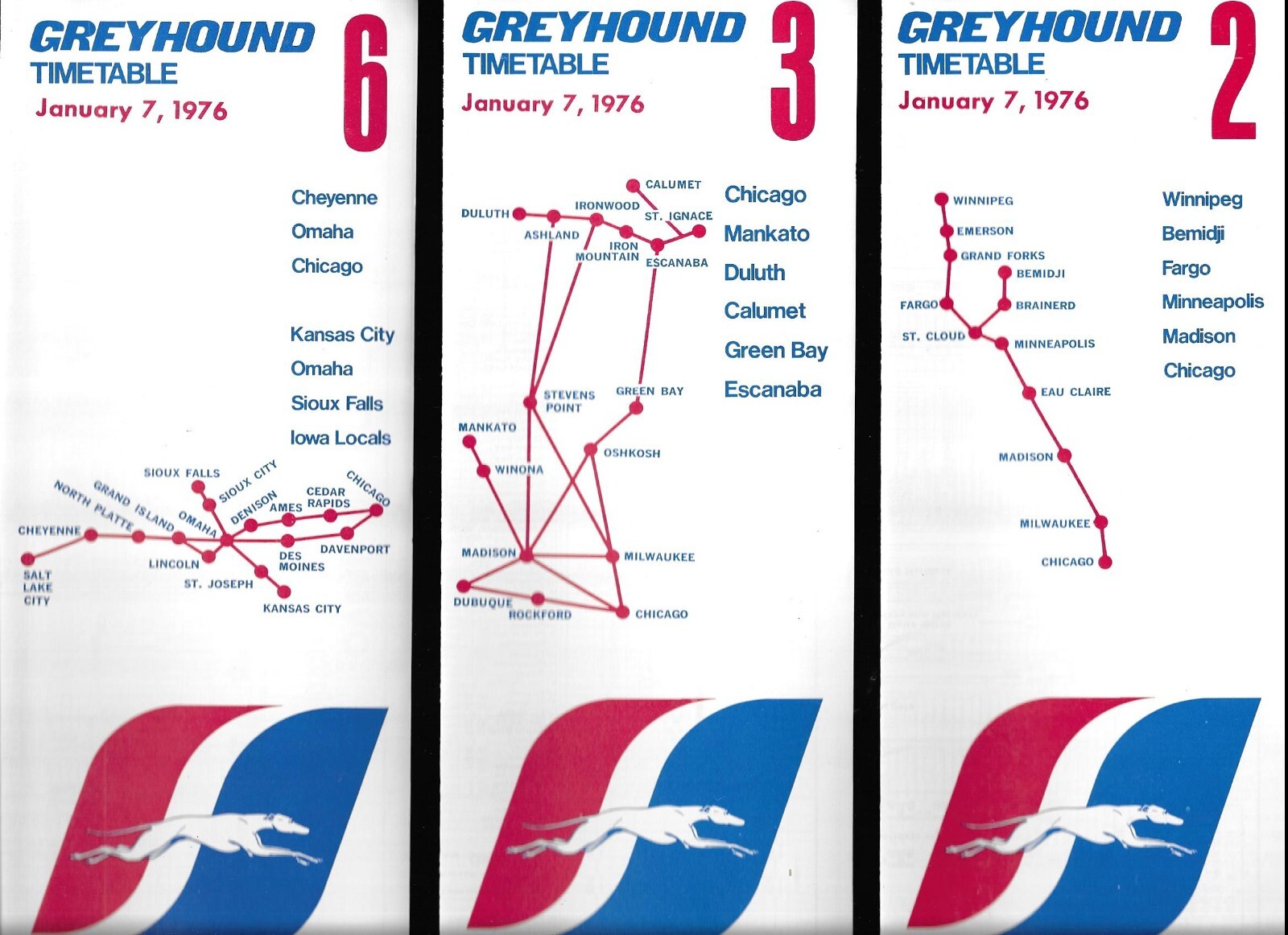 3 GREYHOUND BUS Schedules. # 2, 3, 6. See Covers for Locations. All 1-7-1976.