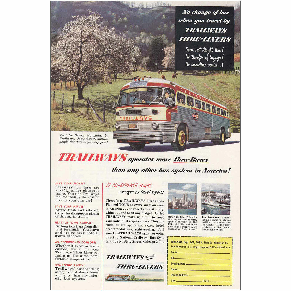 1952 Trailways: Thru-Buses, Smoky Mountains Vintage Print Ad