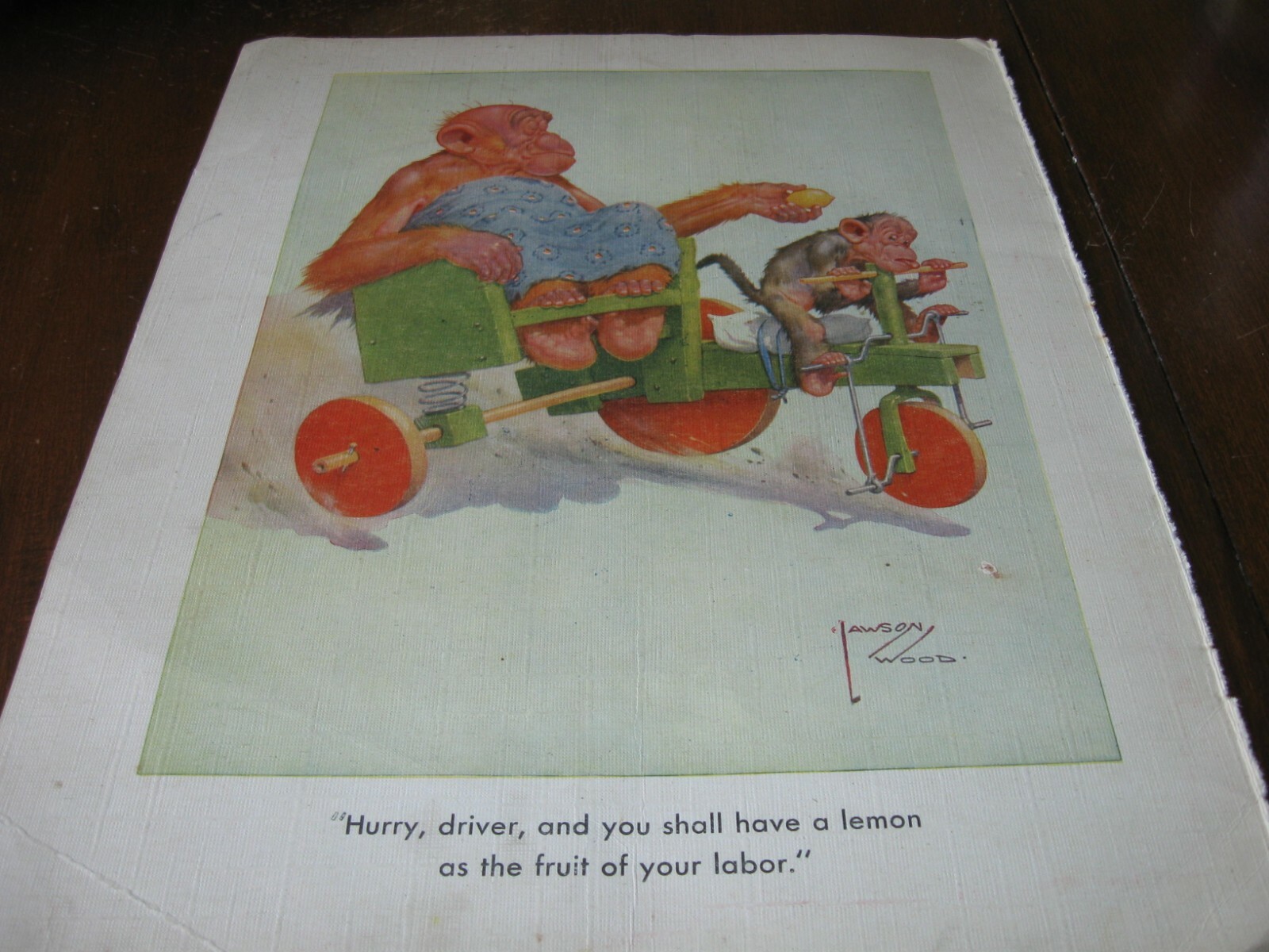 Original 1936 Art Print – LAWSON WOOD MONKEYS Monkey w RICKSHAW TAXI CAB Chimp