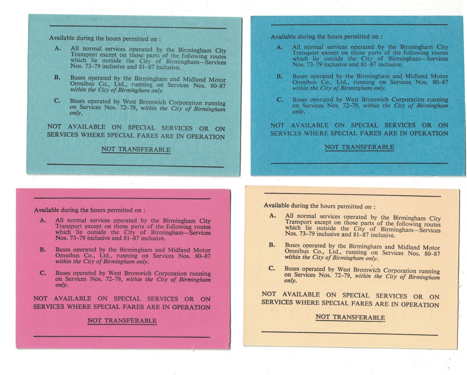 Birmingham City Transport – 4 Child & 4 Adult Rambler Bus Tickets – 1958(?) UK