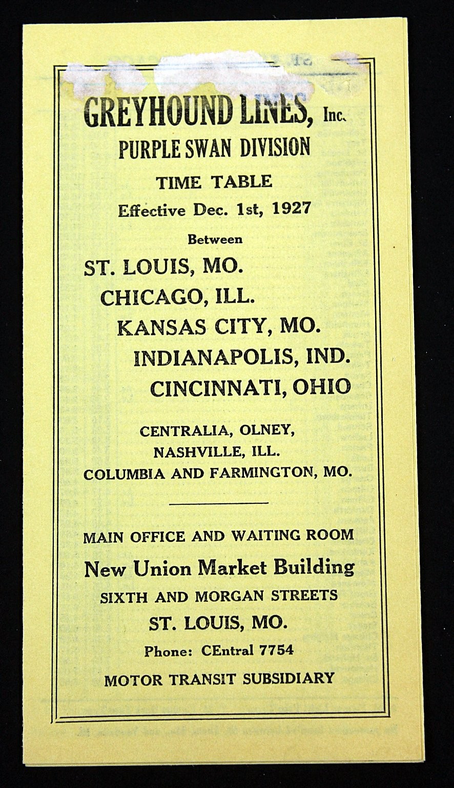 Greyhound Lines Purple Swan Division Time Table St. Louis to Chicago Dec 1 1927