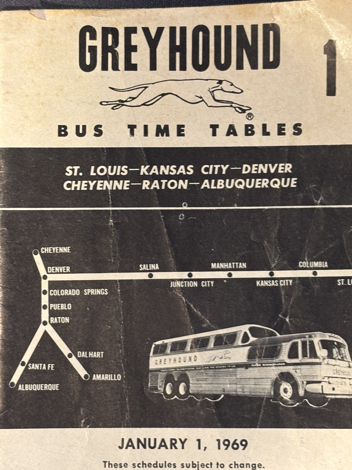 Vintage January 1, 1969 Greyhound Bus Schedule St Louis -Albuquerque