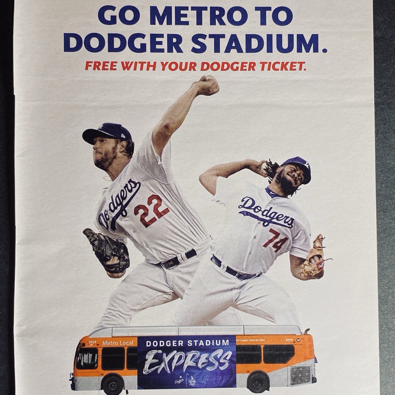 Print Ad 2019 Dodgers Kershaw #22 Baseball Los Angeles Metro City Bus Collectors