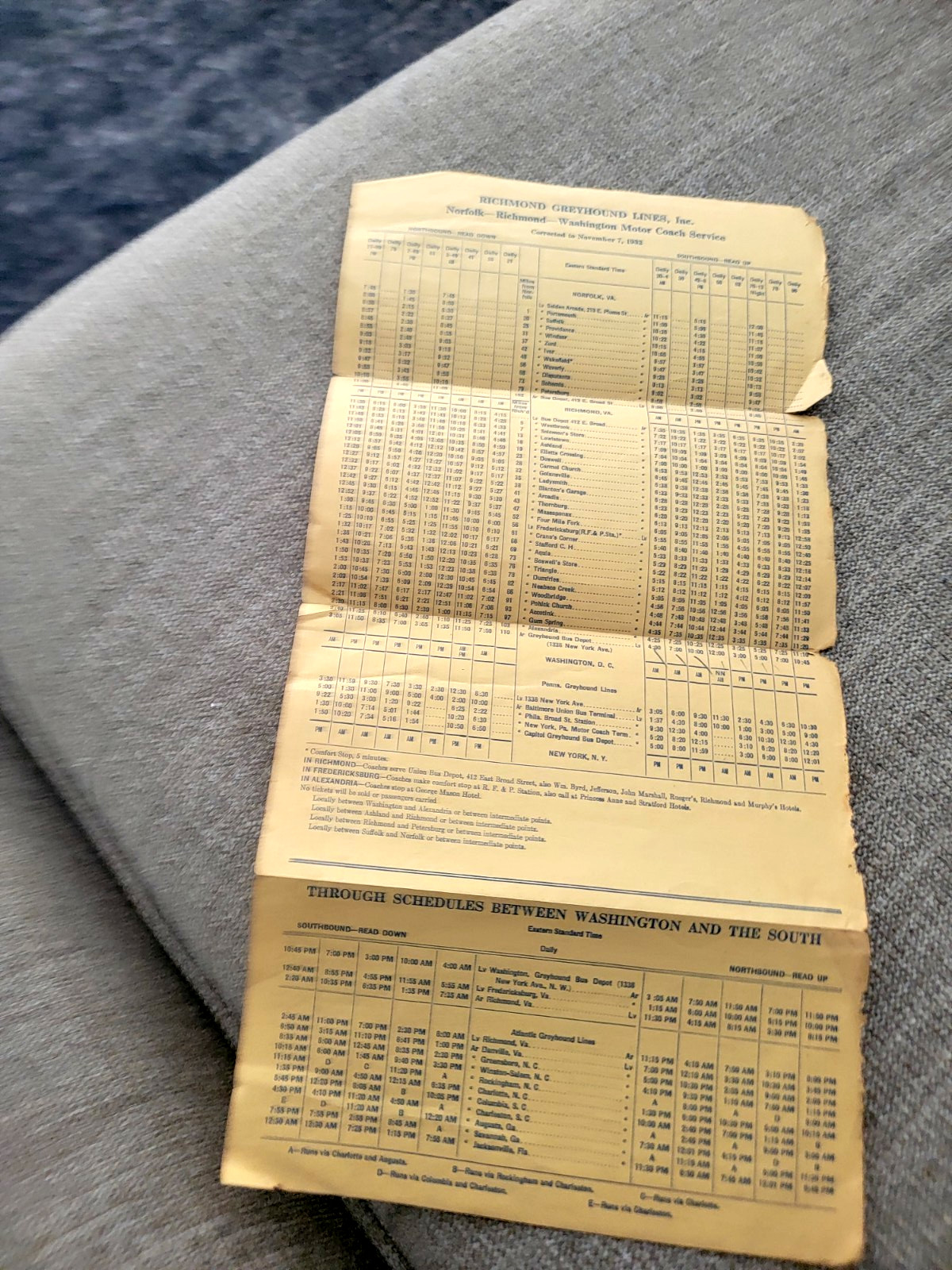 Richmond VA Greyhound Lines 1932 Motor Coach Service Time Schedule No. 1