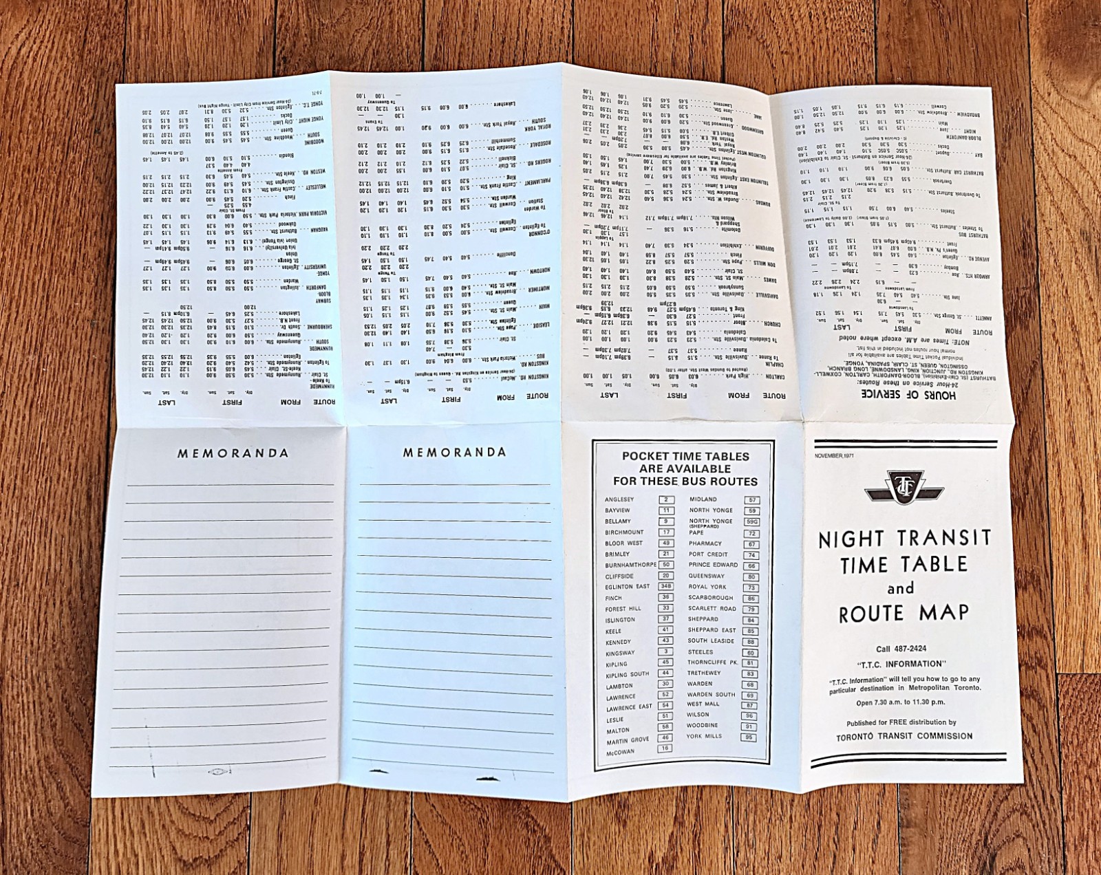 1971 TTC TORONTO TRANSIT CO BUS NIGHT TRANSIT TIME TABLE & MAP ONTARIO CANADA