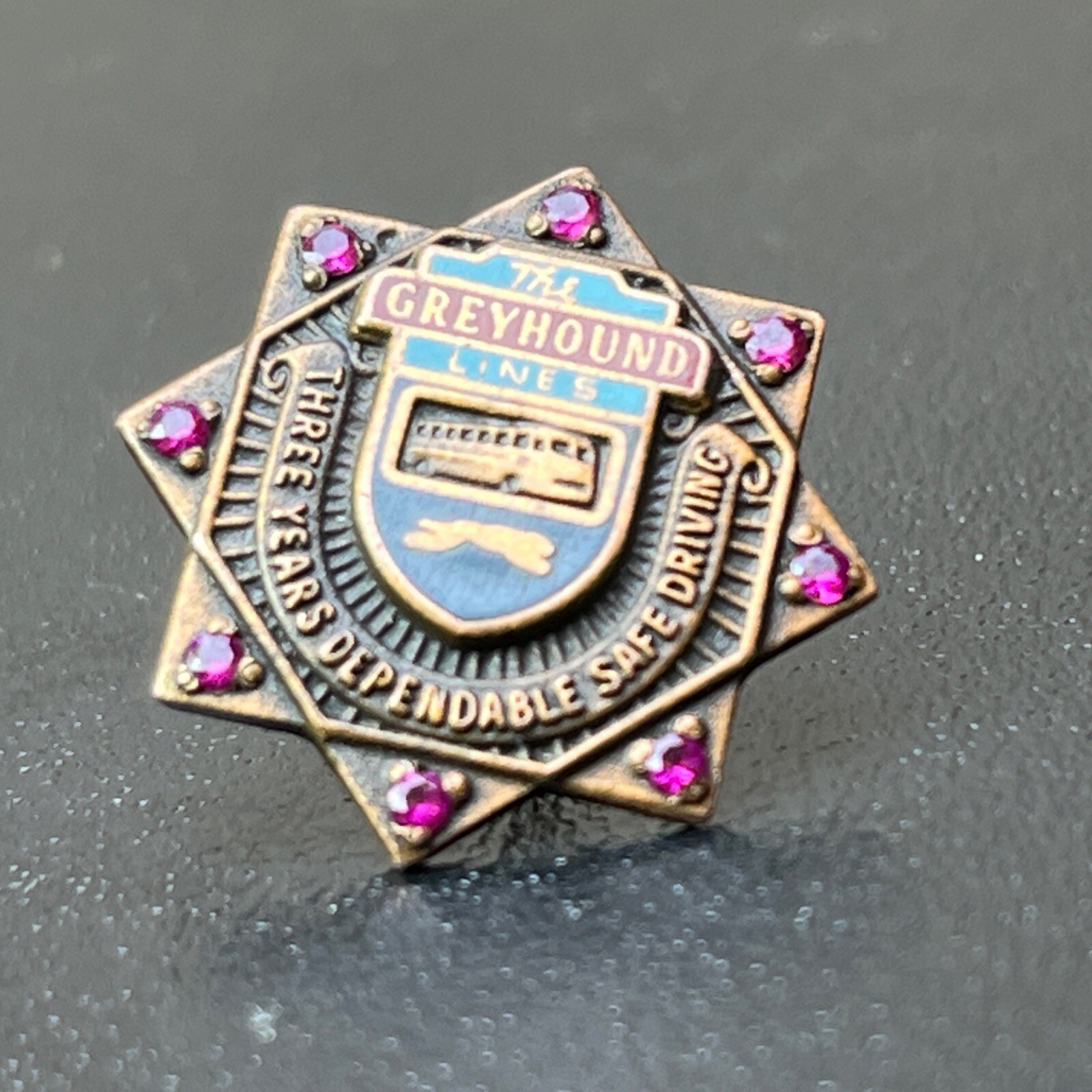 The Greyhound Lines Three Year Dependable Safe Driver Award Pin 8 Chip Rubies