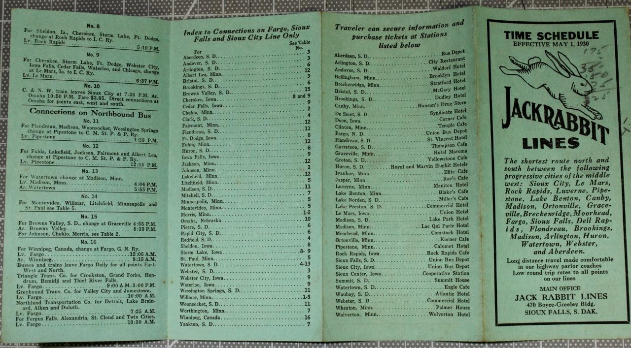 Jack Rabbit Bus Lines Time Schedule may 1, 1930 C346