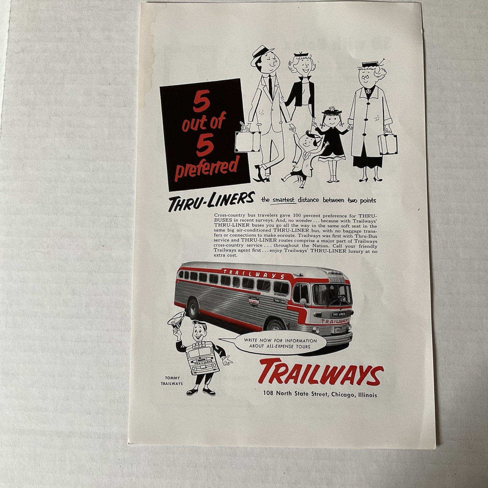 Trailways Thru-Liner Bus Tommy Trailways 1953 Magazine Print Ad 10″ x 6-1/2″ New