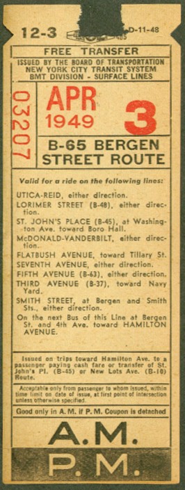 NYC Transit BMT Surface Lines transfer 1949 B-65 Bergen St Route