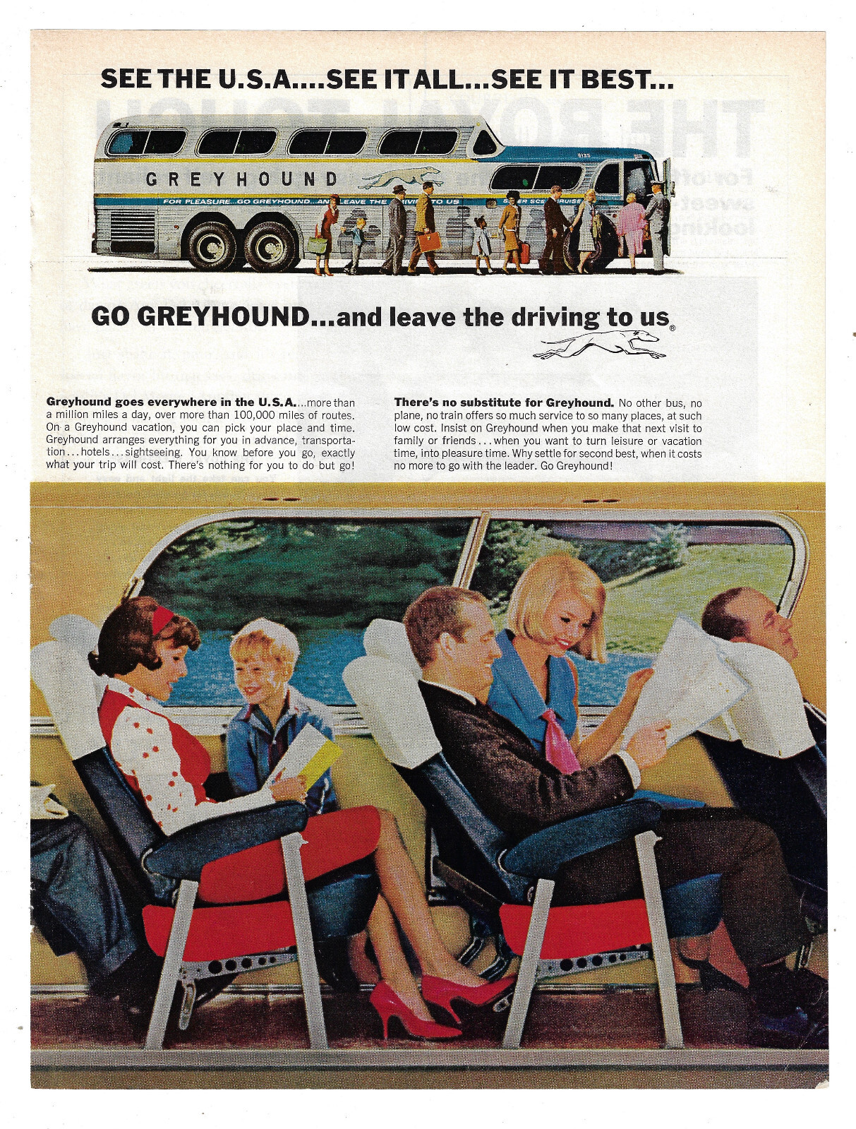 Greyhound Bus Print Ad Vintage Transportation Advertising Travel 1965 Two Pages