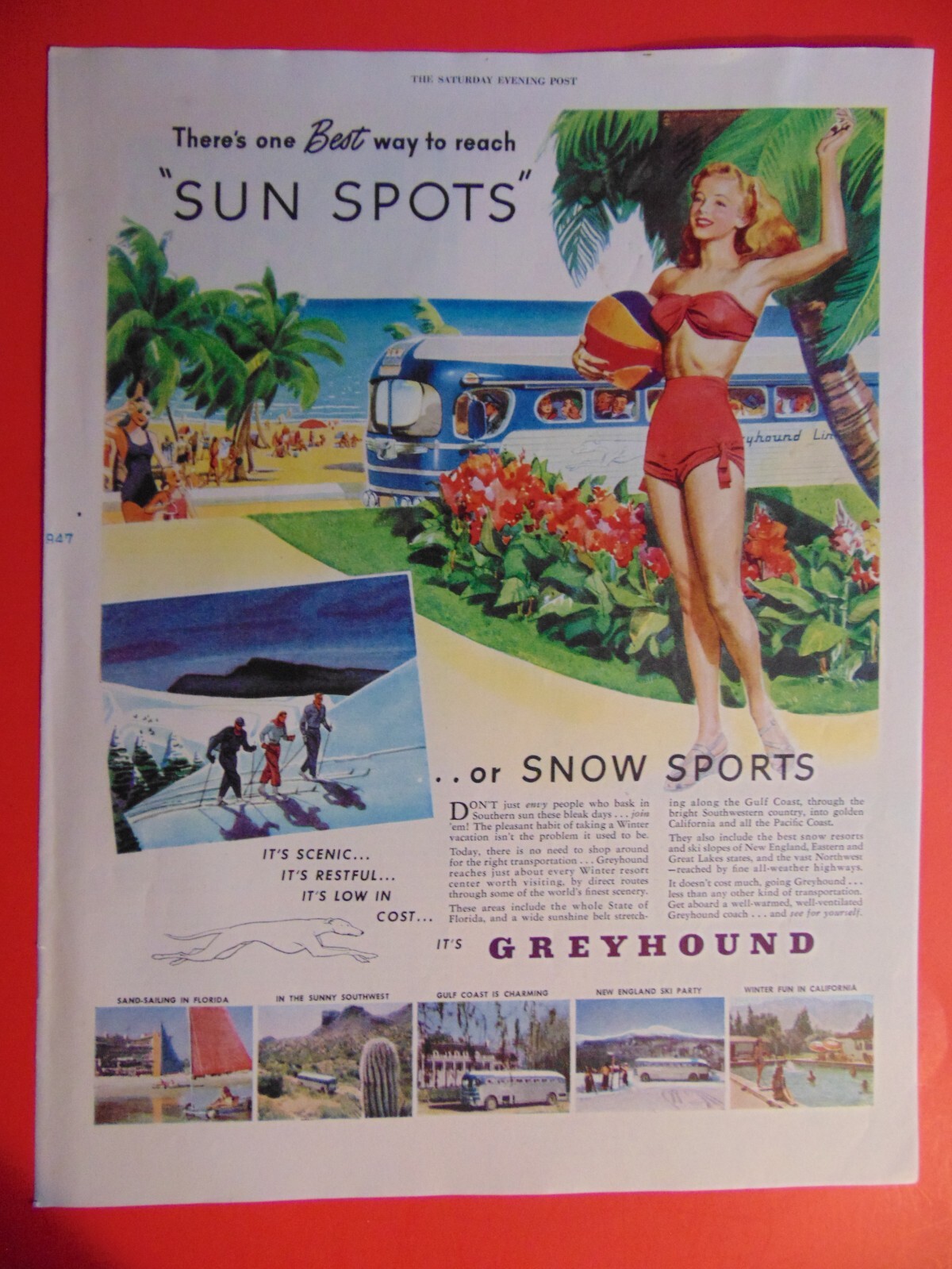 1947 GREYHOUND to Reach Sun Spots or Snow Sports art print ad