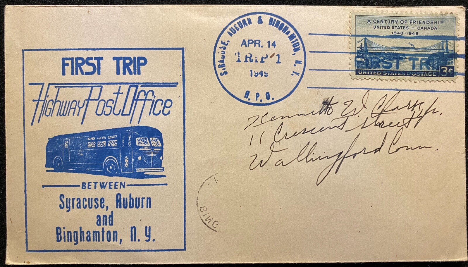 1949 **HIGHWAY POST OFFICE** SYRACUSE, AUBURN & BINGHAMTOM, N.Y. COVER+VIGNETTE!