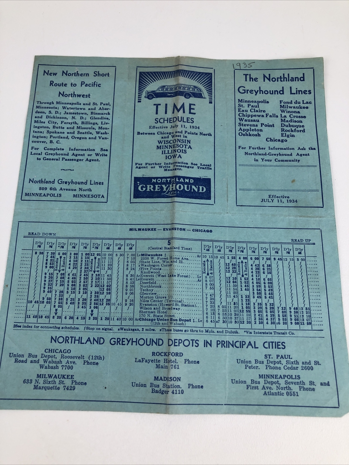 Rare 1934 Northland Greyhound Lines Time Schedules WI MN IL IA