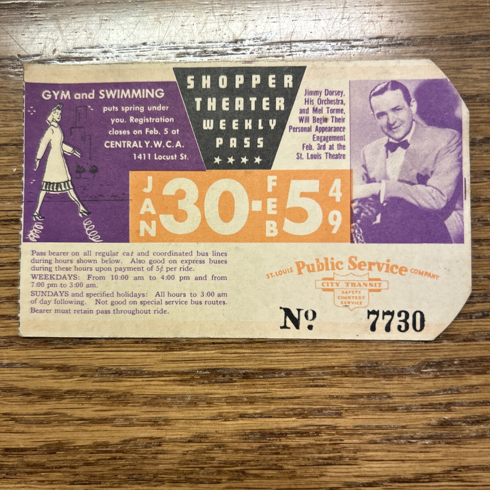 1949 Jan 30 St Louis Public Service Shopper Theater Ticket Pass – Jimmy Dorsey