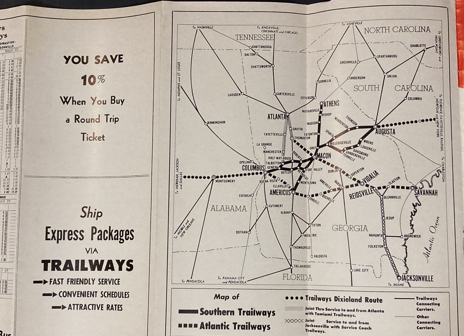 1966 Trailways Bus Time Tables Atlantic Trailways & Southern Trailways Pamphlet