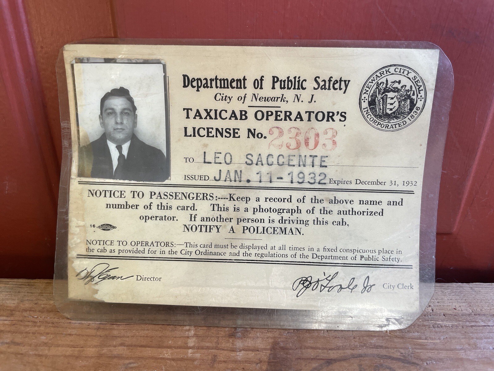 Vintage 1932 Dept Of Public Safety Newark NJ Taxi License With Photo