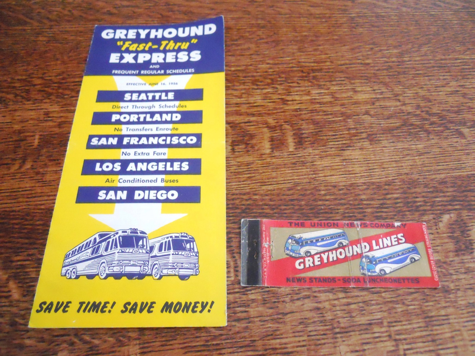 1956 GREYHOUND BUS “FAST THRU” EXPRESS BUS SCHEDULE + MATCHBOOK COVER