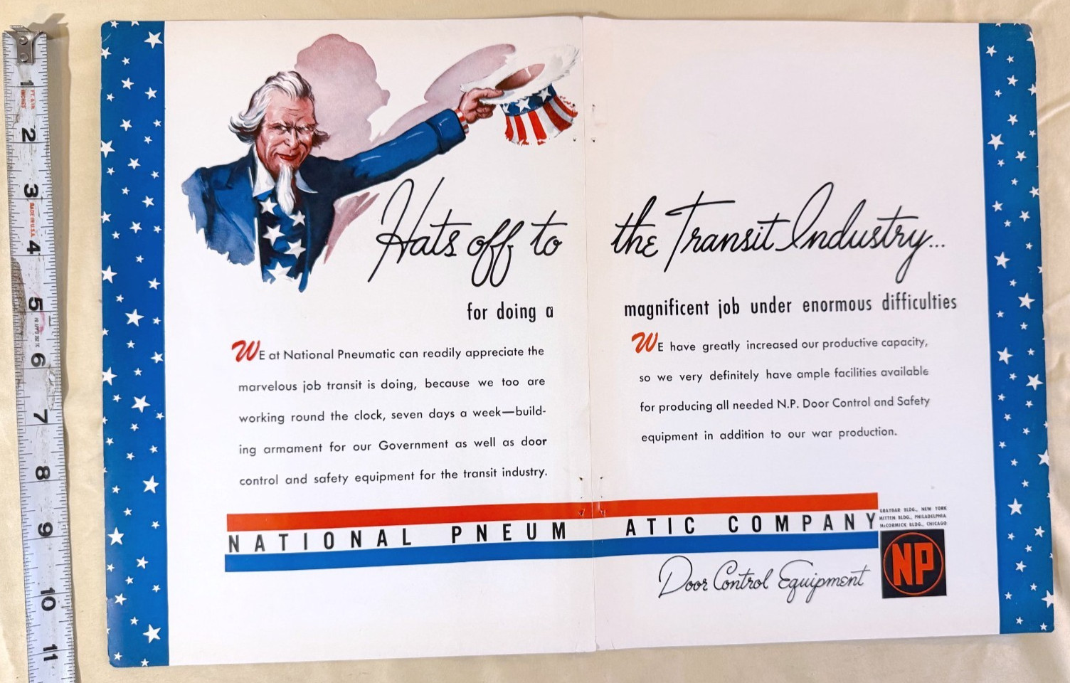 1940s NATIONAL PNEUMATIC Co WWII Ad Door Control Transit Industry War uncle sam