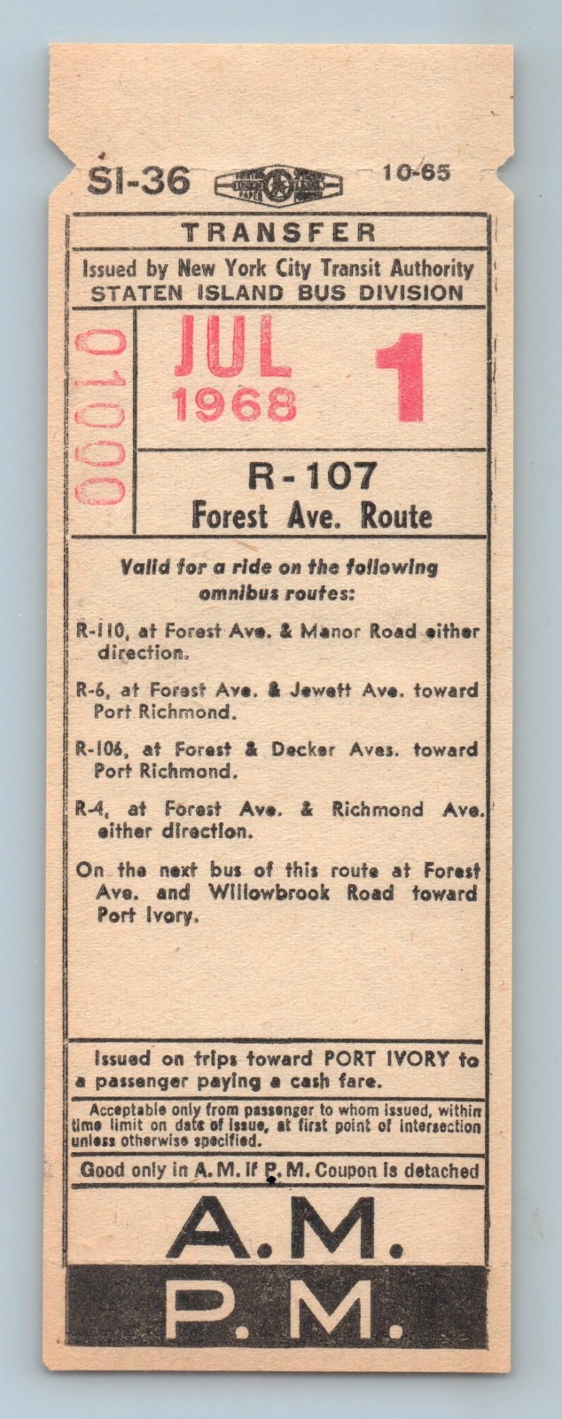 Bus Ticket NYCTA Staten Island R-107 Forest Ave Route Jul 1 1968 SI-36
