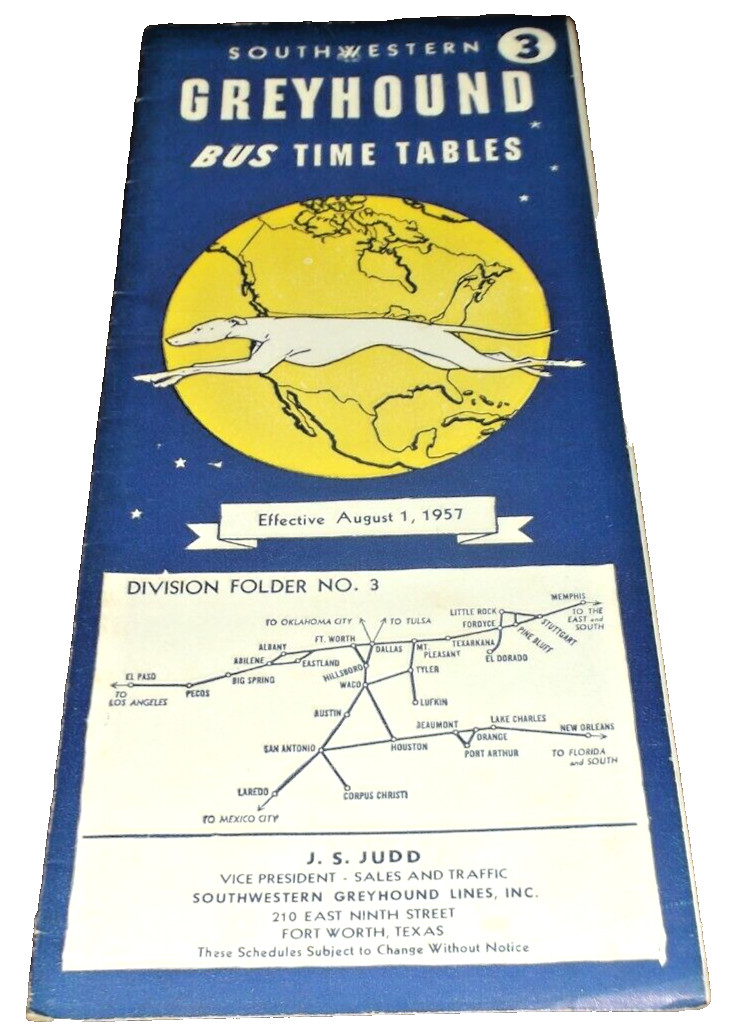 AUGUST 1957 SOUTHWESTERN GREYHOUND PUBLIC TIMETABLE