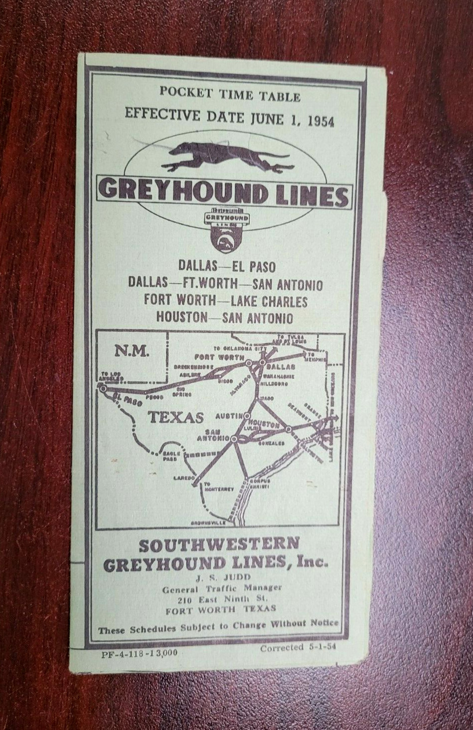 Greyhound Bus Lines June 1, 1954 Pocket Time Table Ephemera Southwestern