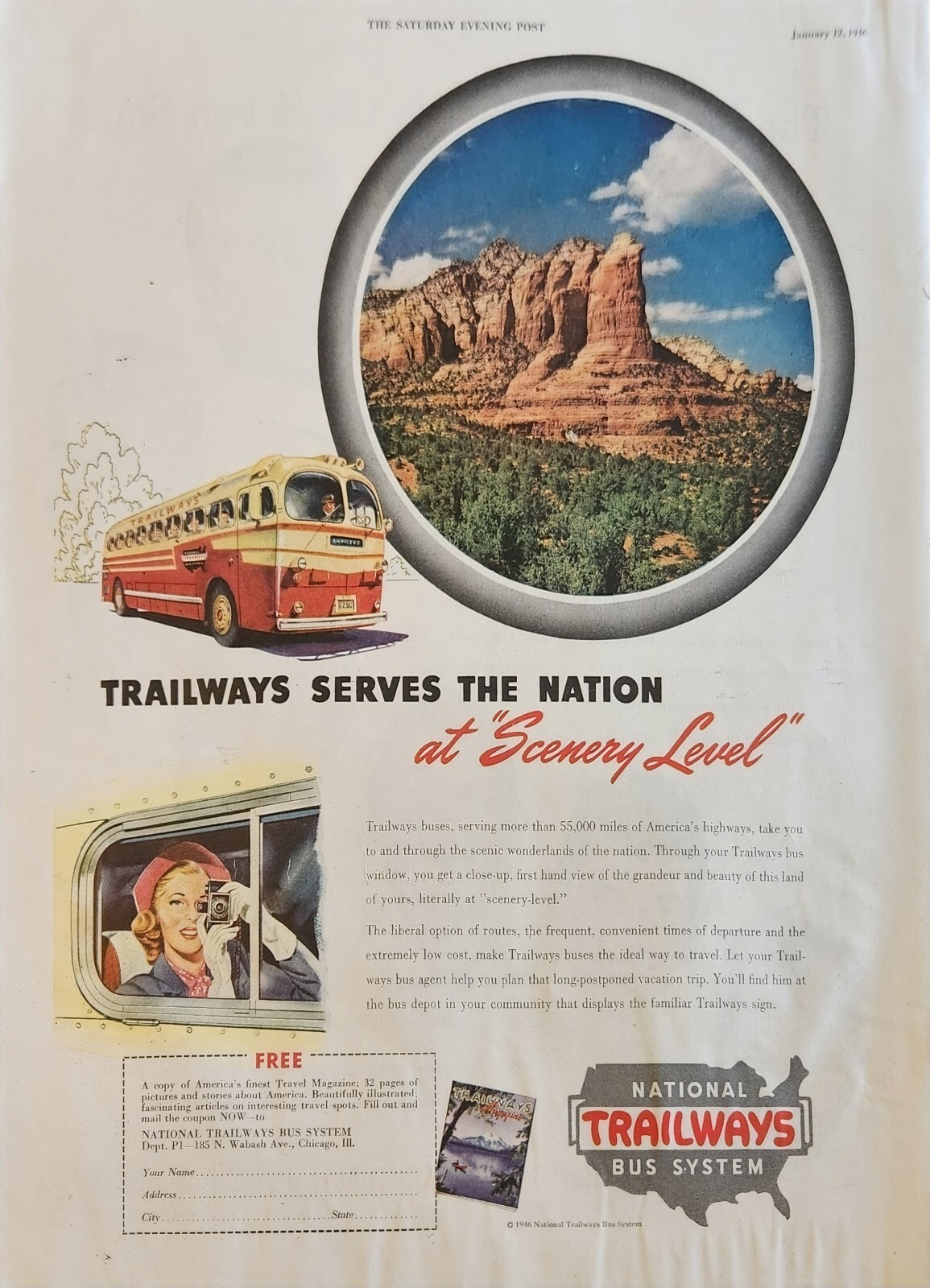 1946 National trailways bus system Vintage Ad serves the nation at scenery level