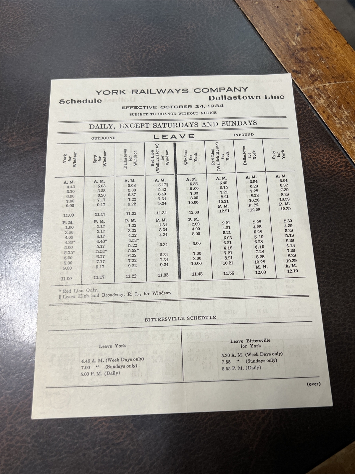 1934 York Pa Bus Company Dallastown Line Schedule
