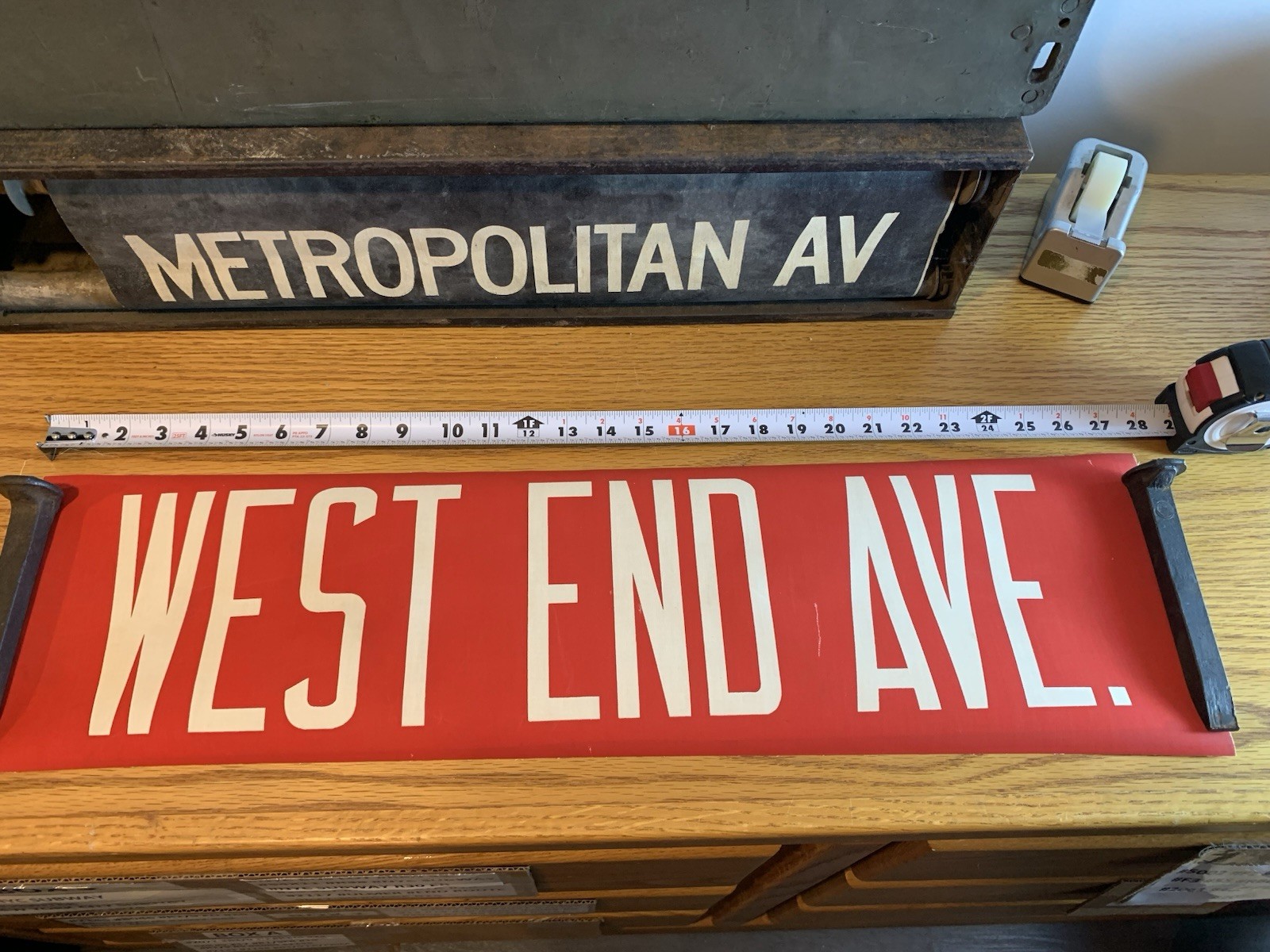 NY NYC BUS ROLL SIGN MANHATTAN HISTORICAL ICONIC R.E. WEST END AVENUE RED VELLUM