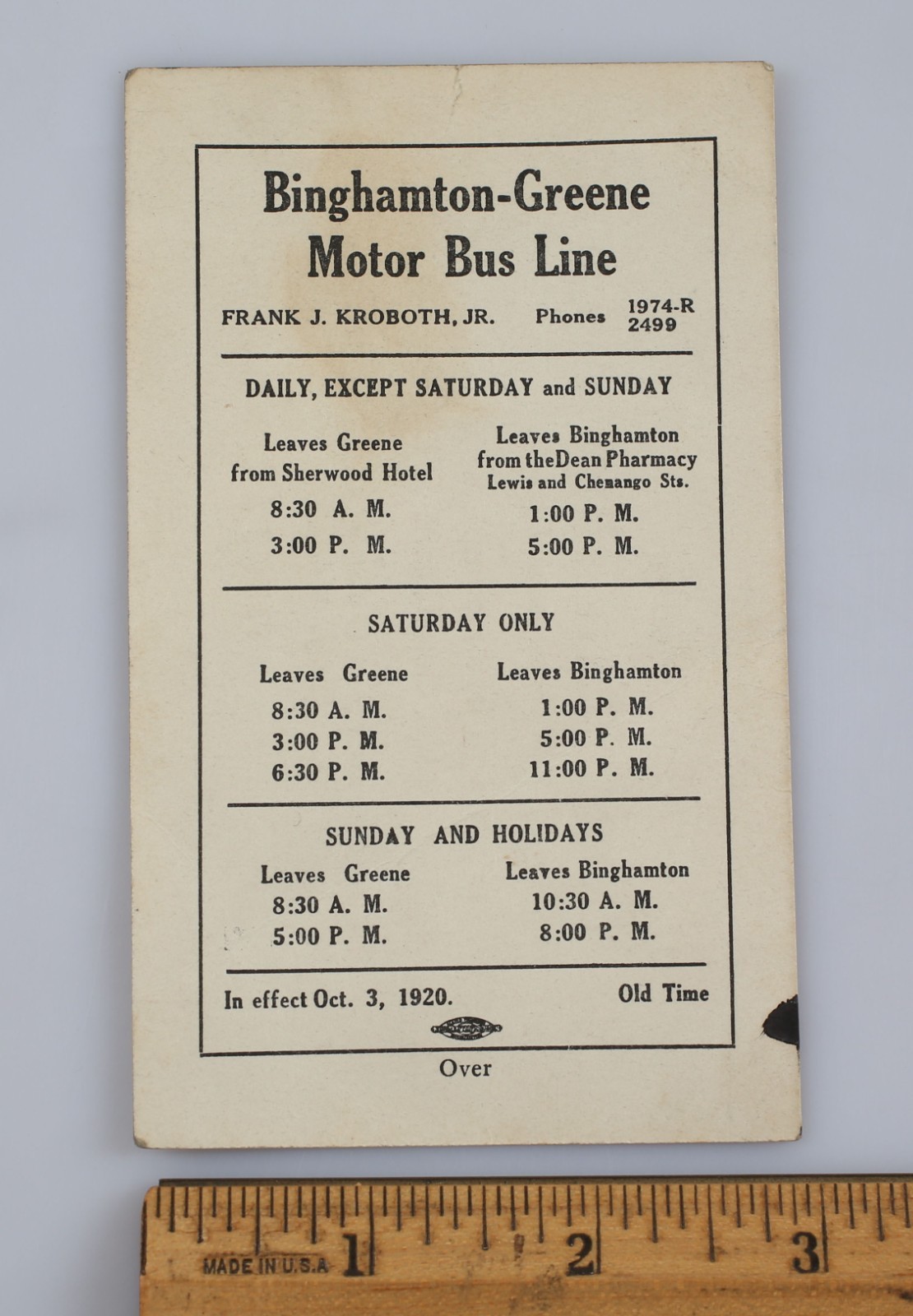 Vintage 1920 Binghamton Greene Bus Line Schedule Dean Pharmacy New York
