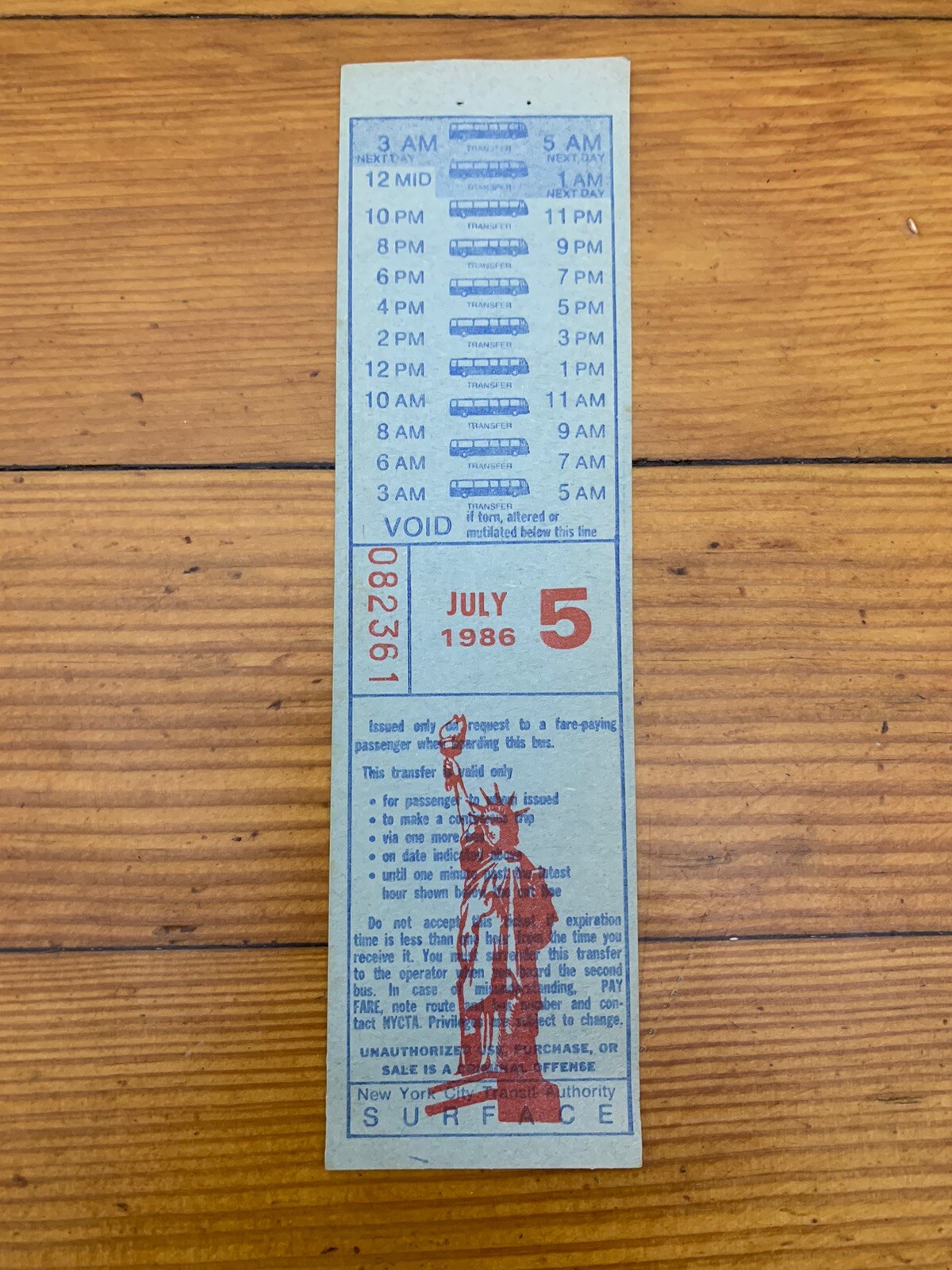 NYC NY BUS TRANSFER 1986 SPECIAL INDEPENDENCE DAY CELEBRATION STATUE OF LIBERTY