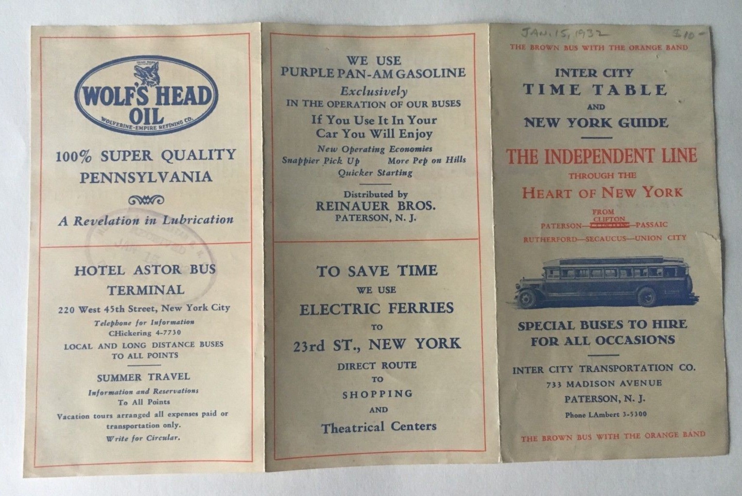 ca 1932 Vintage Independent Line Bus Motor Coach Timetable NYC Paterson w/ ads