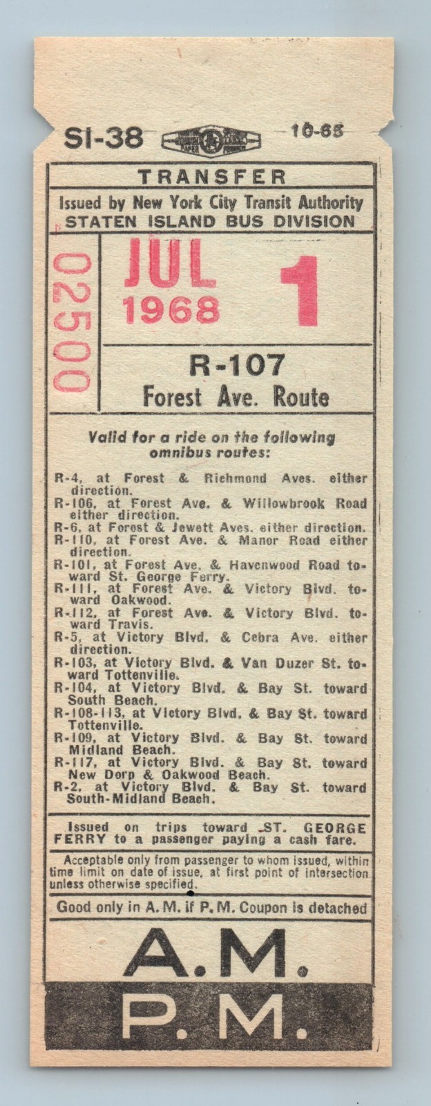 Bus Ticket NYCTA Staten Island R-107 Forest Ave Route Jul 1 1968 SI-38