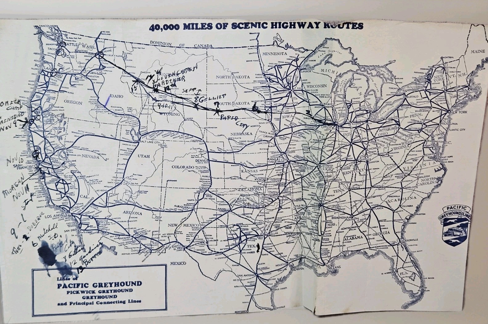 Vintage Pacific Greyhound Lines Route Map Timetable Handwritten Trip Notes USA