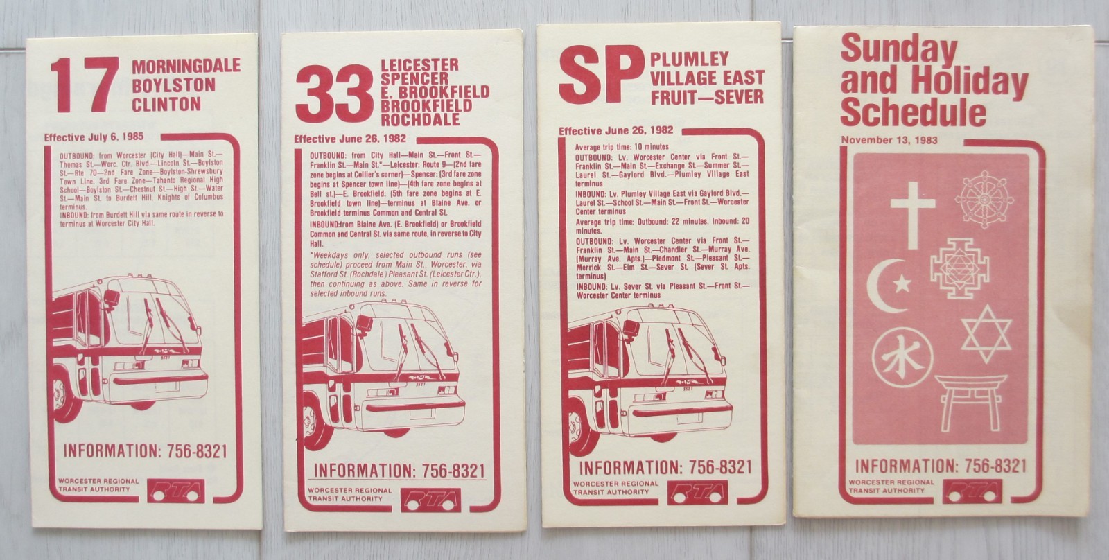 Lot of 4 Vintage 1980s Worcester Regional Transit Bus Timetables MA