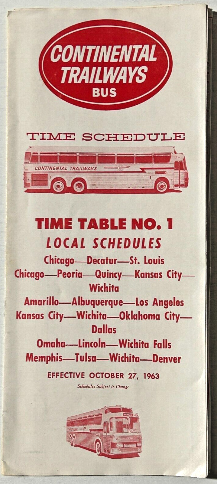 Continental Trailway Bus Motor Coach Schedule Timetable 1963 Chicago Kansas City