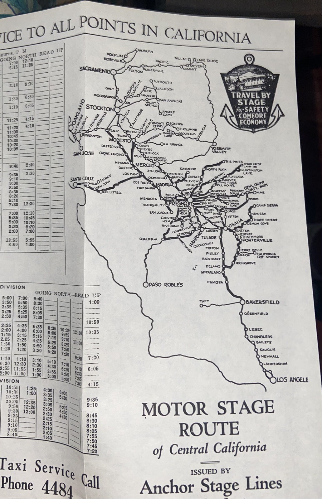 Scarce Nov. 1924 ANCHOR STAGE LINES Bus Service FRESNO, California Schedule MAP